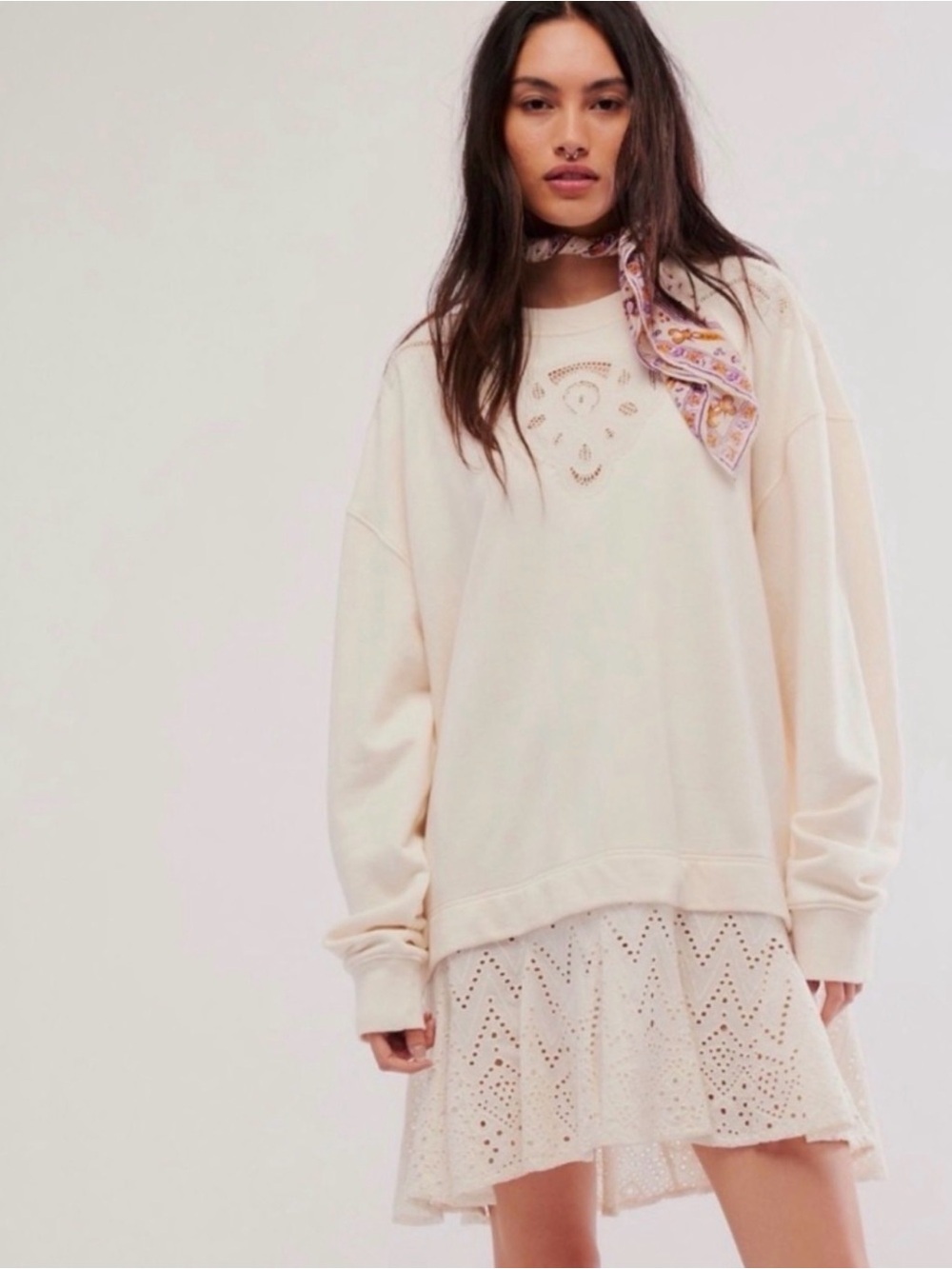 Free People Cream Embroidered Oversized Sweatshirt